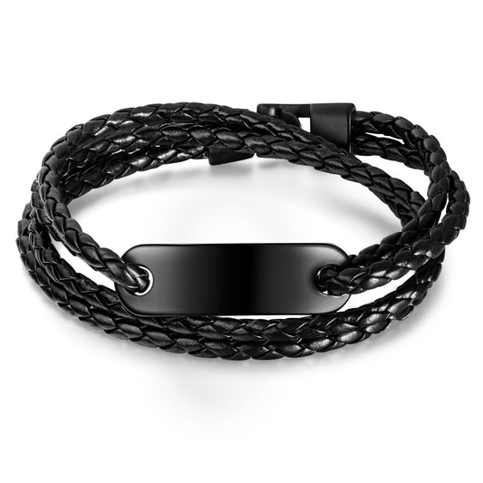 Double-Deck Black Leather ID Bracelet