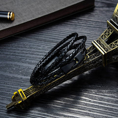 Double-Deck Black Leather ID Bracelet