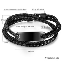 Double-Deck Black Leather ID Bracelet