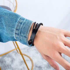 Double-Deck Black Leather ID Bracelet