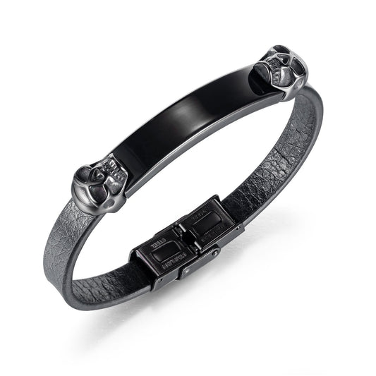 Steel Skull Head Leather Bracelet