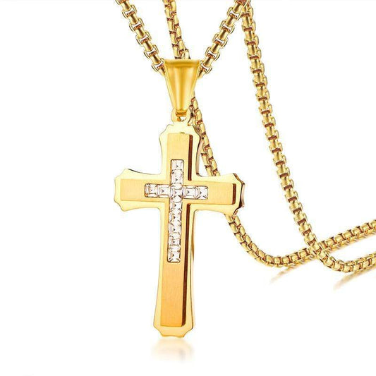 Stainless Steel CZ Gold Cross Necklace