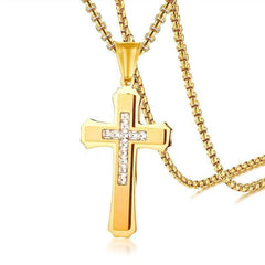 Stainless Steel CZ Gold Cross Necklace