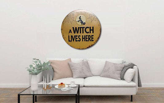 A Witch Lives Here Round Embossed Metal Tin Sign Poster
