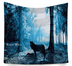 Black Wolf in Forest Wall Tapestry