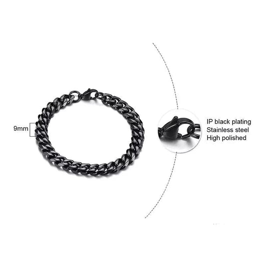 Cuban Link Black Chain  Bracelet- 9mm