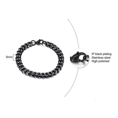 Cuban Link Black Chain  Bracelet- 9mm