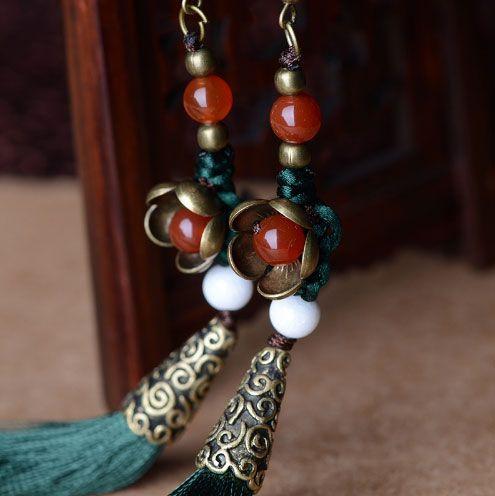 Chinese Flower Tassel Drop Earrings