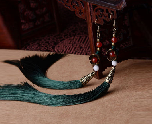 Chinese Flower Tassel Drop Earrings