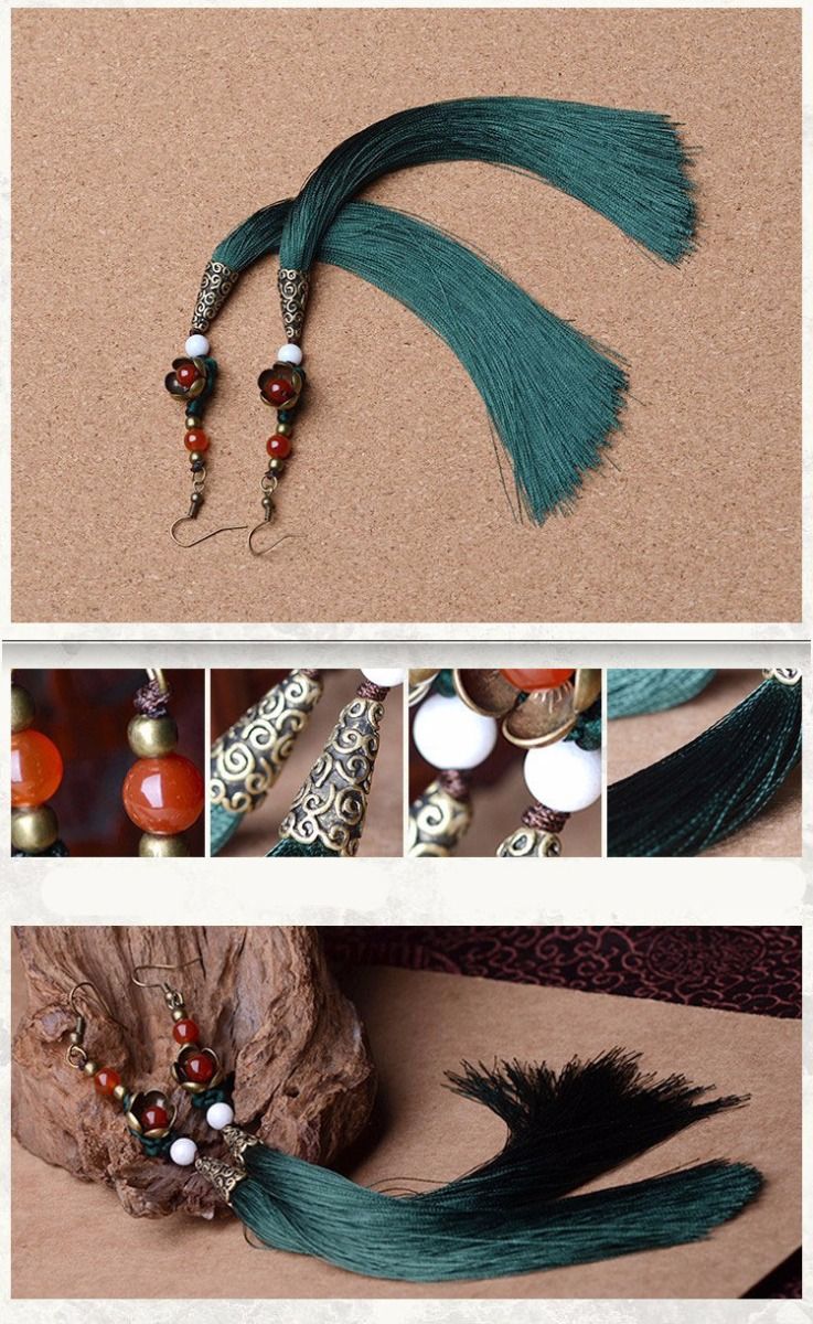 Chinese Flower Tassel Drop Earrings