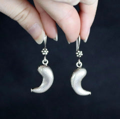 Crescent moon solid sterling silver drop earrings