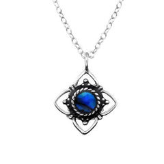 Silver Flower Abalone Dark Blue Vintage Necklace Pendant