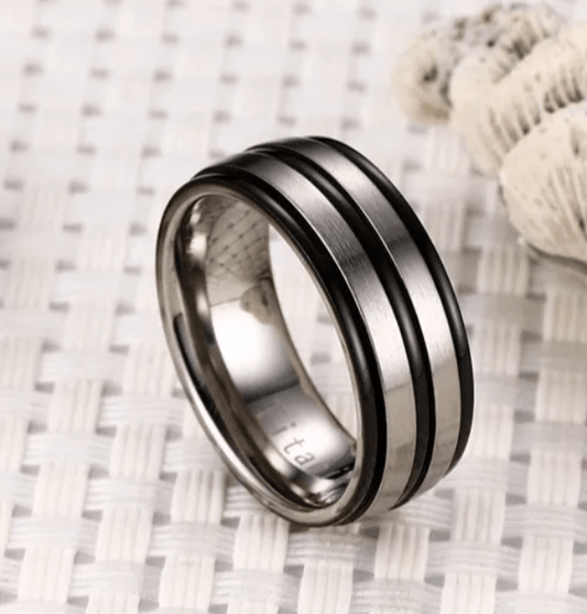 Black And Silver Groove Titanium Rings