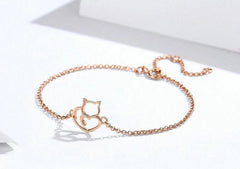 Sterling Silver Cat And Heart Bangle Bracelet - Silver & Rose Gold