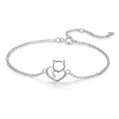 Sterling Silver Cat And Heart Bangle Bracelet - Silver & Rose Gold