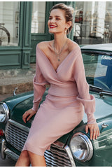 Elegant Pastel Cowled V-Neck Knit Dress