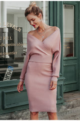 Elegant Pastel Cowled V-Neck Knit Dress