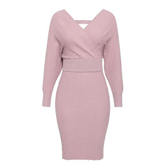 Elegant Pastel Cowled V-Neck Knit Dress