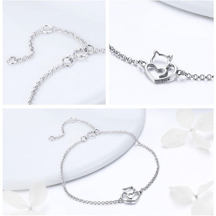 Sterling Silver Bangle Bracelet Cat & Heart
