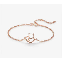 Sterling Silver Cat And Heart Bangle Bracelet - Silver & Rose Gold
