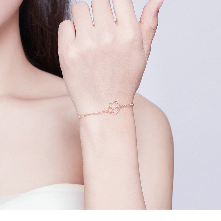 Sterling Silver Cat & Heart Bangle Bracelet