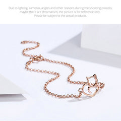 Sterling Silver Cat And Heart Bangle Bracelet - Silver & Rose Gold