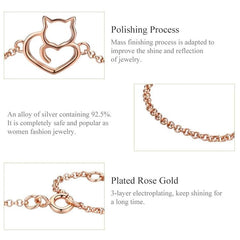 Sterling Silver Cat And Heart Bangle Bracelet - Silver & Rose Gold