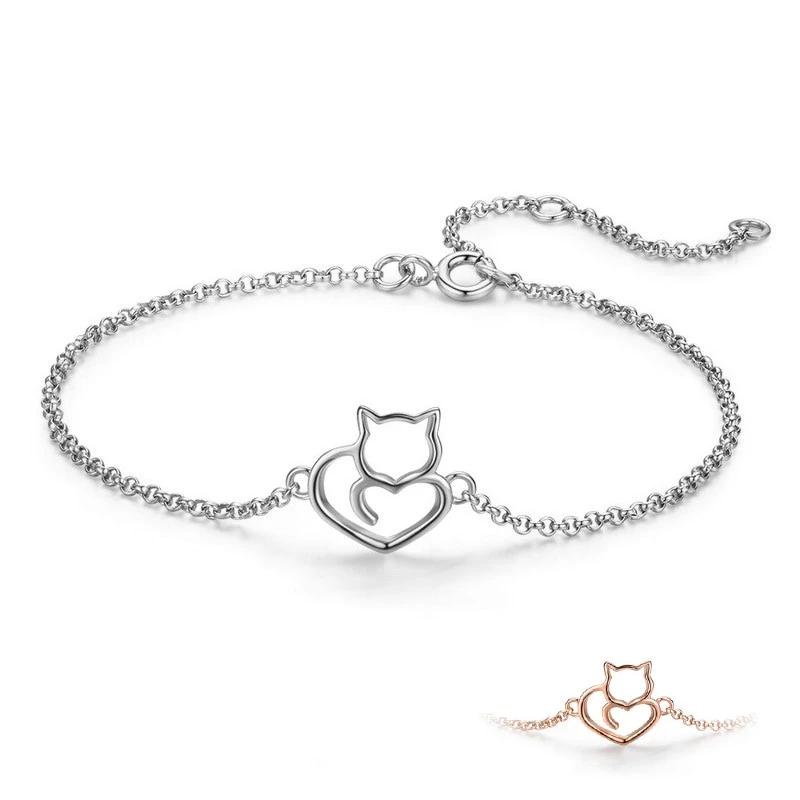 Sterling Silver Cat And Heart Bangle Bracelet