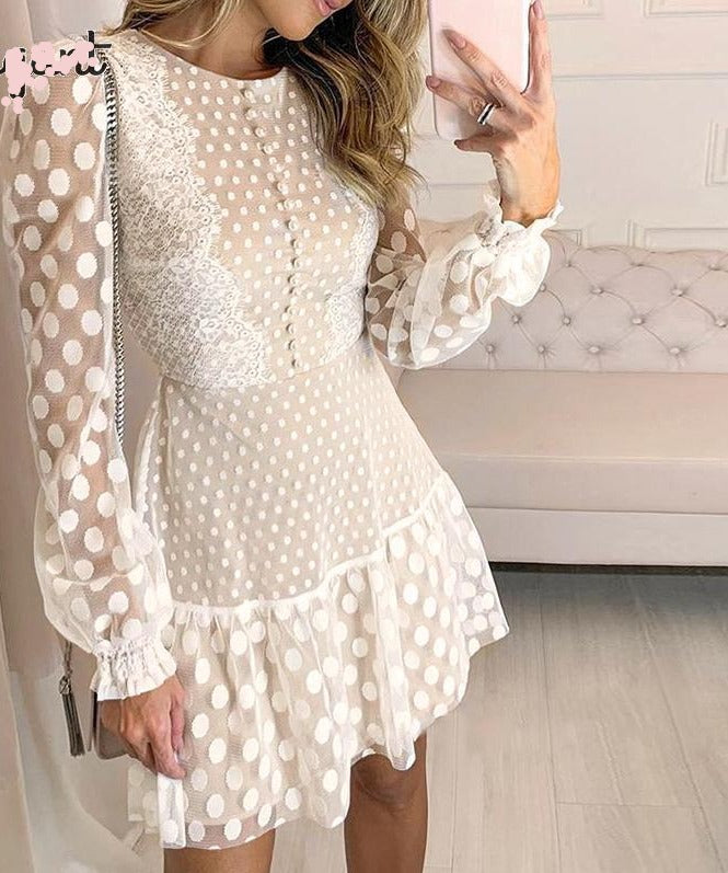 Vintage Lace Mesh White Polka Dot Dress