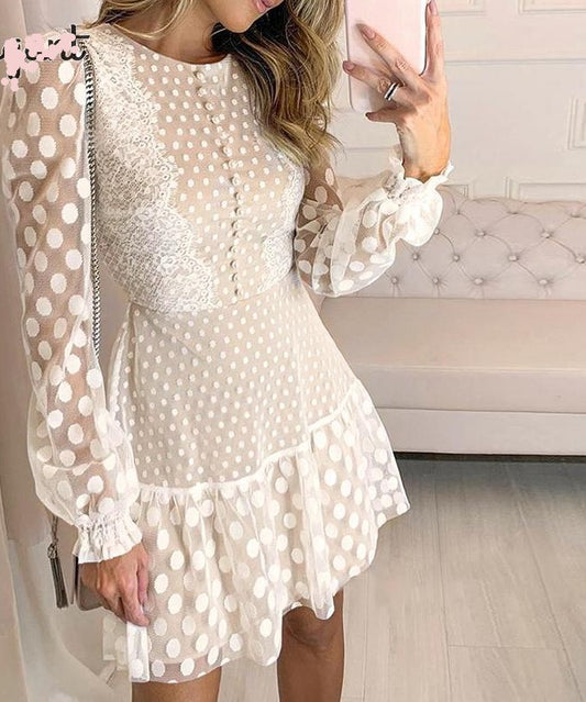 Vintage Lace Mesh White Polka Dot Dress
