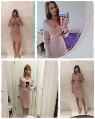 Elegant Pastel Cowled V-Neck Knit Dress