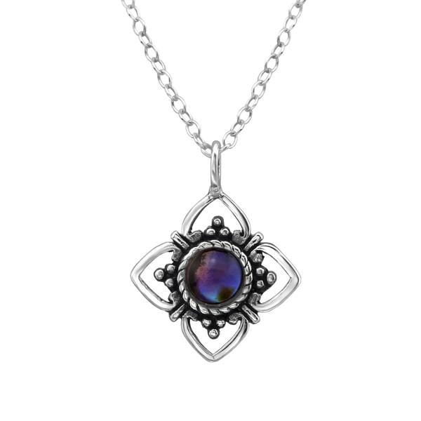 Silver Flower Abalone Purple Vintage Necklace Pendant