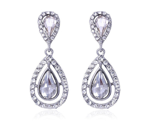 Silver Plated Full Rhinestone Long Drop Earrings