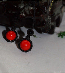 Simple Ethnic Black Rope and Red Bead Earrings