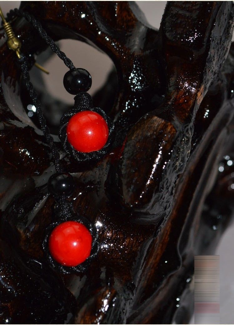 Simple Ethnic Black Rope and Red Bead Earrings