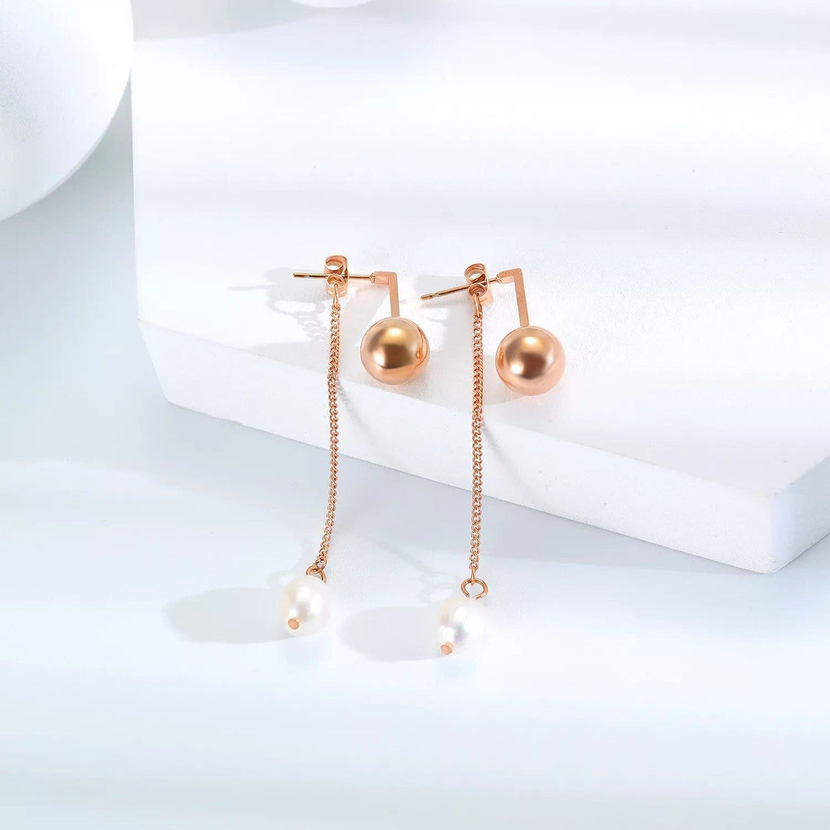 Rose Gold Dangle Wire Pearl Earrings