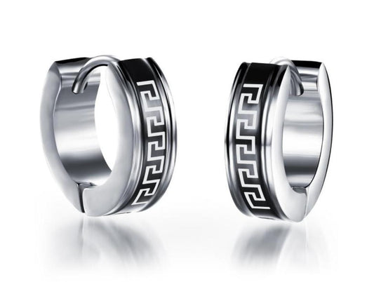 Stainless Steel Black Maze Hoop Earrings