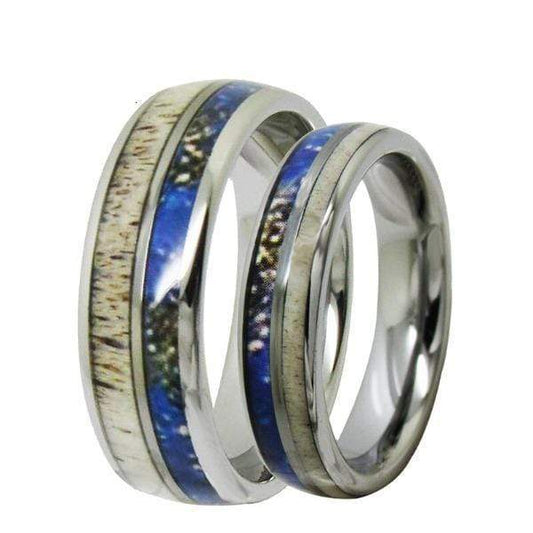 Tungsten  Antler Inlay Silver Couple Wedding Engagement Ring