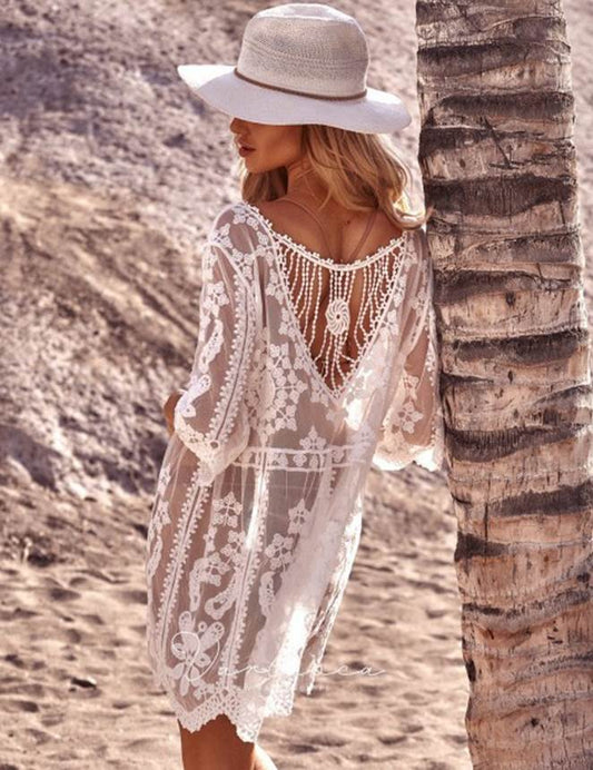Sheer White Vintage Lace Beach Dress