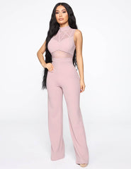 Pink Hollow Lace Sleeveless High Neck Sexy Jumpsuit