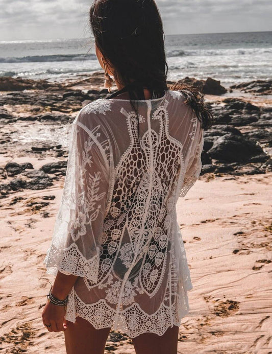 Short Tie Front Lace Beach Cardigan