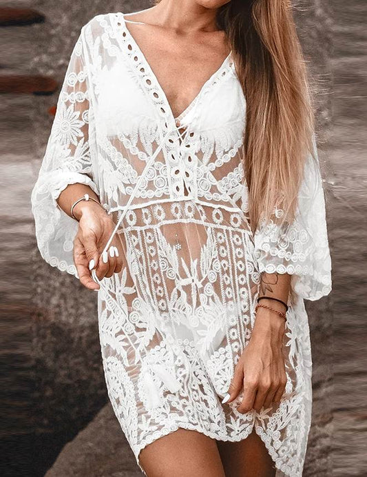 Short White Lace Beach Kaftan