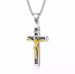 Mens Jesus Crucifix Cross Steel and gold Necklace