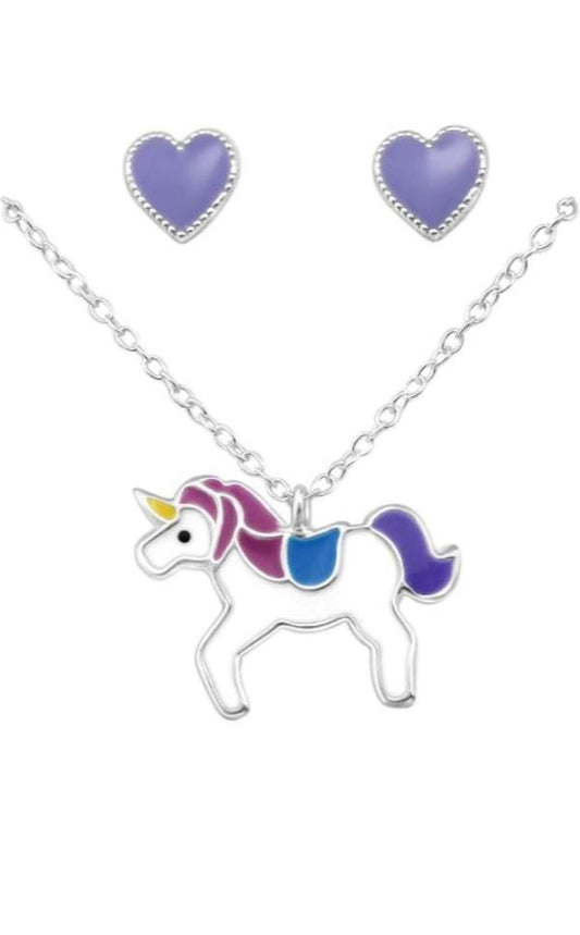 Silver Heart Earrings & Unicorn Necklace Set for Girls