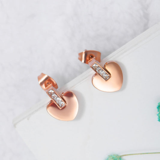 Stainless Steel Rose Gold Cubic Zirconia Heart Stud Earrings
