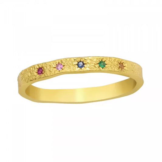 Women’s gold-plated 925 sterling silver ring with a textured band, five multicolour cubic zirconia stones and US sizes 6–8, available in Australia.