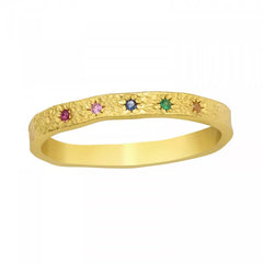 Women’s gold-plated 925 sterling silver ring with a textured band, five multicolour cubic zirconia stones and US sizes 6–8, available in Australia.