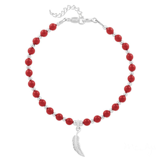 Silver Red Coral Pearl Feather Bracelet