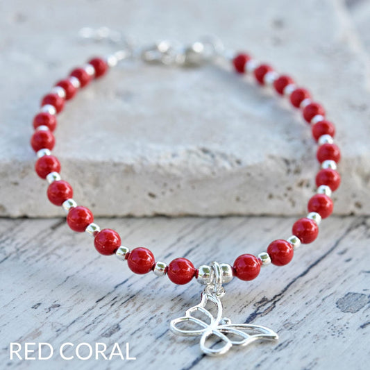 Silver Red Pearl Butterfly Bracelet