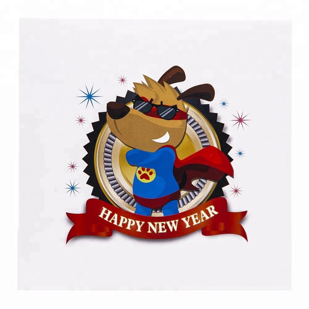 Super Dog  Happy New Year 3D Pop Up Greeting Card